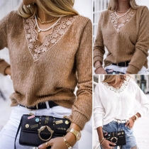 Fashion Lace Spliced V-neck Long Sleeve Solid Color Sweater