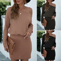 Sexy Oblique Shoulder Long Sleeve Solid Color Slim Fit Dress
