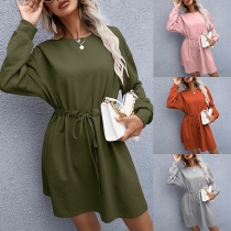 Fashion Solid Color Long Sleeve Round Neck Dawstring Waist Dress