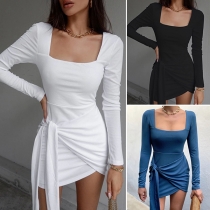 Sexy Backless Square Collar Long Sleeve Irregular Hem Lace-up Dress
