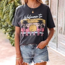 Casual Style Short Sleeve Round Neck Coconut Tree Pattern T-shirt