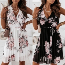 Sexy V-neck Sleeveless High Waist Pleated Hem Printed Dress