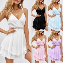 Sexy Backless V-neck Dual-layer Hem High Waist Solid Color Sling Dress