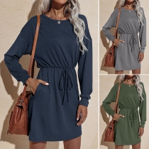 Fashion Solid Color Long Sleeve Round Neck Drawstring Waist Dress