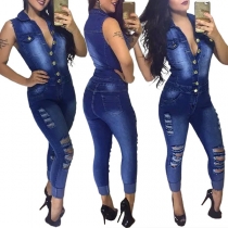 Retro Style Sleeveless POLO Collar Single-breasted Slim Fit Ripped Denim Jumpsuit