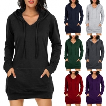 Casual Style Long Sleeve Hooded Solid Color Sweatshirt Dress
