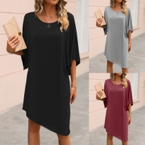 Sexy Oblique Shoulder Short Sleeve Irregular Hem Solid Color Loose Dress