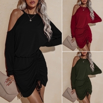 Sexy Off-shoulder Long Sleeve Irregular Drawstring Hem Solid Color Dress