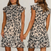 Sweet Style Ruffle Cuff Mock Neck Leopard Printed Dress