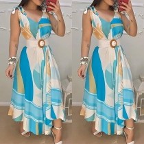 Sexy V-neck Sleeveless High Waist Irregular Hem Printed Dress