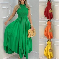 Elegant Solid Color Sleeveless Round Neck High Waist Irregular Hem Wrinkled Dress