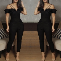 Sexy Off-shoulder Ruffle V-neck High Waist Solid Color Sim Fit Jumpsuit