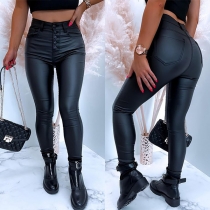 Fashion Solid Color High Waist Front-button Slim Fit PU Leather Pants