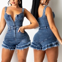 Sexy Backless U-neck Frayed Hem High Waist Slim Fit Sling Denim Romper