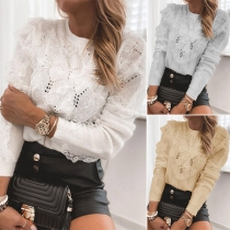 Sweet Style Long Sleeve Round Neck Solid Color Lace Spliced Sweater