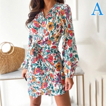 Fashion Long Sleeve Round Neck Irregular Hem Slim Fit Printed Dress