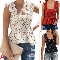 Sexy Square Collar Ruffle hem Elastic Waist Sleeveless Printed Top