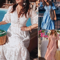 Sexy V-neck Short Sleeve High Waist Solid Color Single-breasted Lace Dress