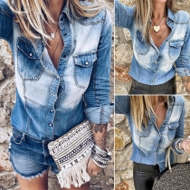 Retro Style Long Sleeve POLO Collar Faded Denim Shirt
