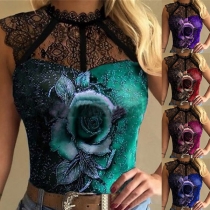 Sexy Lace Spliced Sleeveless Round Neck Slim Fit Printed T-shirt