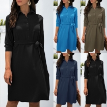 OL Style Long Sleeve POLO Collar Shirt Dress with Waist Strap