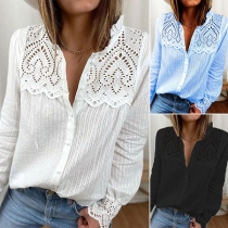 Sweet Style Long Sleeve Ruffle Stand Collar Solid Color Lace Spliced Shirt