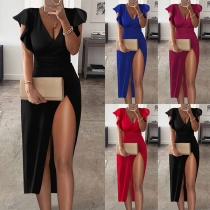 Sexy Deep V-neck Ruffle Cuff Slit Hem High Waist Solid Color Party Dress