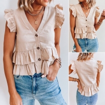 Sweet Style Ruffle Cuff Hem V-neck Single-breasted Solid Color Top