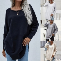 Casual Style Long Sleeve Round Neck Solid Color Loose Knit Top
