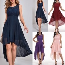 Sexy Lace Spliced Sleeveless Round Neck High-low Hem Chiffon Dress