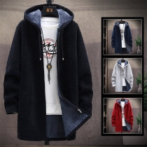Fashion Solid Color Long Sleeve Hooded Plush Lining Man's Knit Coat