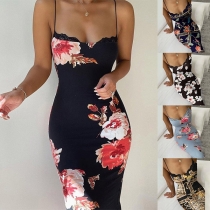 Sexy Backless High Waist Lace Spliced Slim Fit Sling Printed Dress