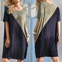 Fashion Contrast Color Short Sleeve Round Neck Loose T-shirt Dress
