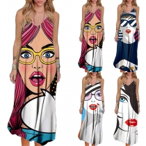 Cute Cartoon Human Face Pattern Backless V-neck Sling Dress