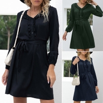Fashion Solid Color Long Sleeve V-neck Front-button Tie-belt Dress