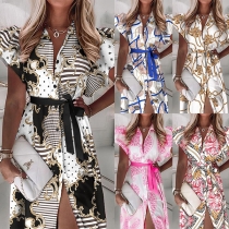 Sweet Style Ruffle Cuff POLO Collar Slit Hem Printed Dress