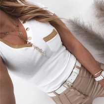 Fashion Contrast Color Button V-neck Short Sleeve Chest Pocket T-shirt