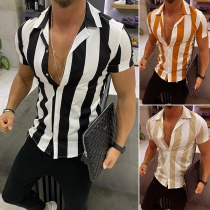 Fashion Short Sleeve POLO Collar Single-breasted Man's Stripe Shirt