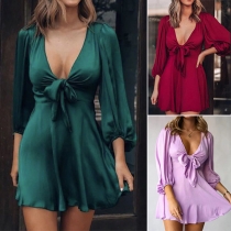 Sexy Lace-up Deep V-neck 3/4 Lantern Sleeve High Waist Solid Color Dress
