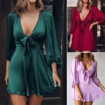 Sexy Lace-up Deep V-neck 3/4 Lantern Sleeve High Waist Solid Color Dress