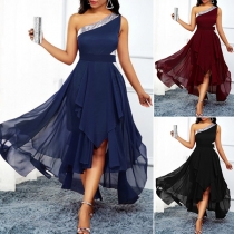 Sexy One-shoulder Sleeveless Irregular Hem High Waist Party Dress