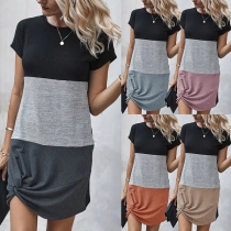 Fashion Contrast Color Short Sleeve Round Neck Twisted Hem T-shirt Dress