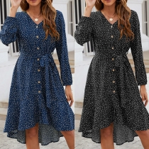 Fresh Style Long Sleeve V-neck Single-breasted Ruffle Hem Printed Dress