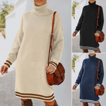 Fashion Contrast Color Long Sleeve Turtleneck Knit Dress