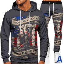 Casual Style Colorful Flag Printed Long Sleeve Hooded Sweatshirt + Pants Man's Sports Suit