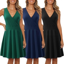 Elegant Solid Color Sleeveless V-neck High Waist Dress
