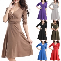Elegant Solid Color 3/4 Sleeve V-neck High Waist Solid Color A-line Dress