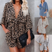 Sexy Lace-up V-neck Trumpet Sleeve High Waist Printed Romper