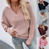 Fashion Solid Color Dolman Sleeve V-neck Loose Knit Sweater