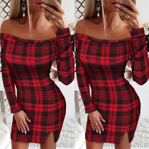 Sexy Off-shoulder Boat Neck Long Sleeve Slit Hem Slim Fit Plaid Dress